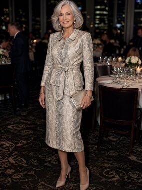 Worthington Beige Gray Snake-Print Midi Skirt 2 Piece Dress Set Tie Waist 18W